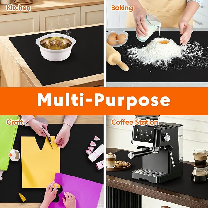 120" x 24" Extra Long Kitchen Island Protector, Silicone Countertop Mat for Large Islands, Heat Resistant Waterproof Countertop Protection, Food Safe Non-Slip Silicone Surface, Black