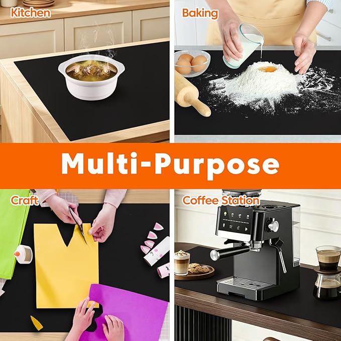 120" x 16" Extra Long Silicone Countertop Mat, Kitchen Counter Protector for Coffee Station & Air Fryer, Heat Resistant Waterproof Non-Slip Silicone Mat, Food Safe Countertop Protection, Black