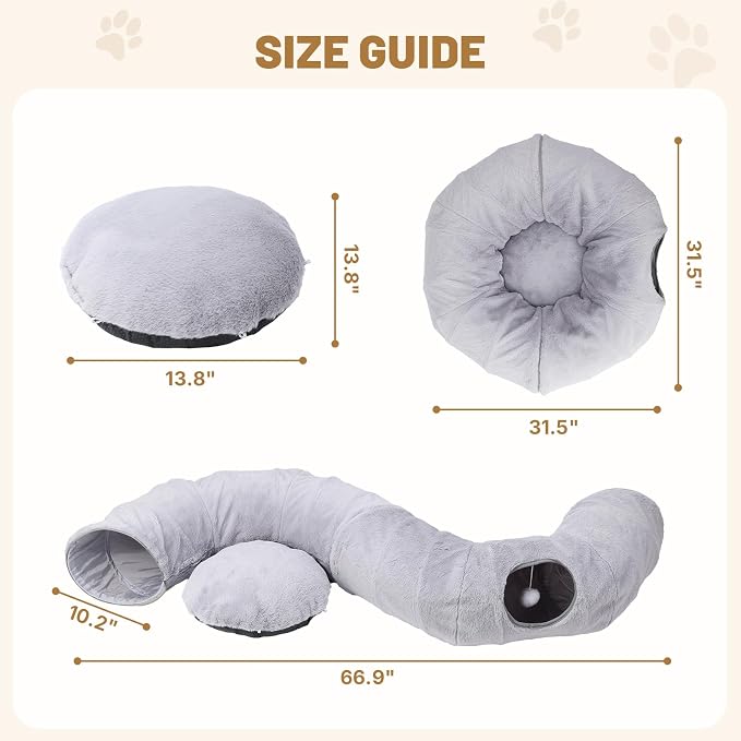 Cat Tunnel Bed for Indoor Cats, 31.5in Round Cat Tunnel for Small Cats, Cat Donut Tunnel with Washable Plush Mat, Collapsible Tunnel Hideplace for Kittens, Squirrels Grey