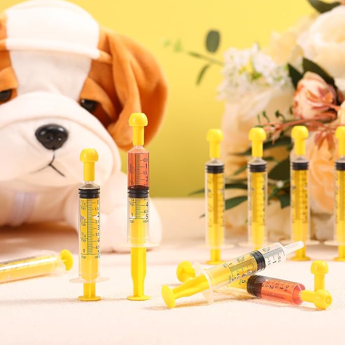 TrelaCo 100 Pack 5ml Syringes with Caps, Colored Plastic Measuring Syringe for Liquid, Pet Feeding, DIY, Party, Craft, Individually Sealed and Wrapped(Yellow)