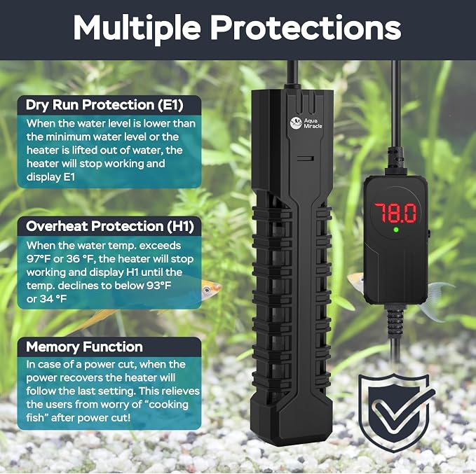 AquaMiracle Aquarium Heater, 200W Submersible Fish Tank Heater with LED Digital Display, Overheat Protection & Auto Power-Off When Out of Water, for Freshwater and Saltwater Fish Tanks (20-40 Gal)