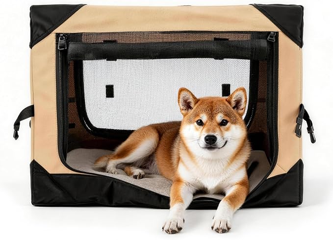 30 Inch Soft Collapsible Crate for Medium Dogs, 4-Door Portable Foldable Soft Kennel with Chew Proof Mesh Windows for Indoor & Outdoor Travel Beige