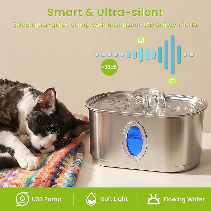 Cat Water Fountain Stainless Steel 108oz/3.2L, Automatic Pet Water Fountain with 3 Filters, Ultra Quiet Water Dispenser for Indoor Cats Dogs, Visible Level Window, Easy to Clean