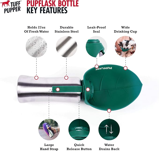 Tuff Pupper Retractable Dog Leash and 27oz Pupflask Portable Water Bottle - Green