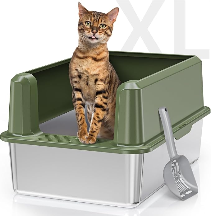 Suitfeel Enclosed Stainless Steel Cat Litter Box with High Side, XL Large for Big Cats, Easy Clean Metal with Scoop