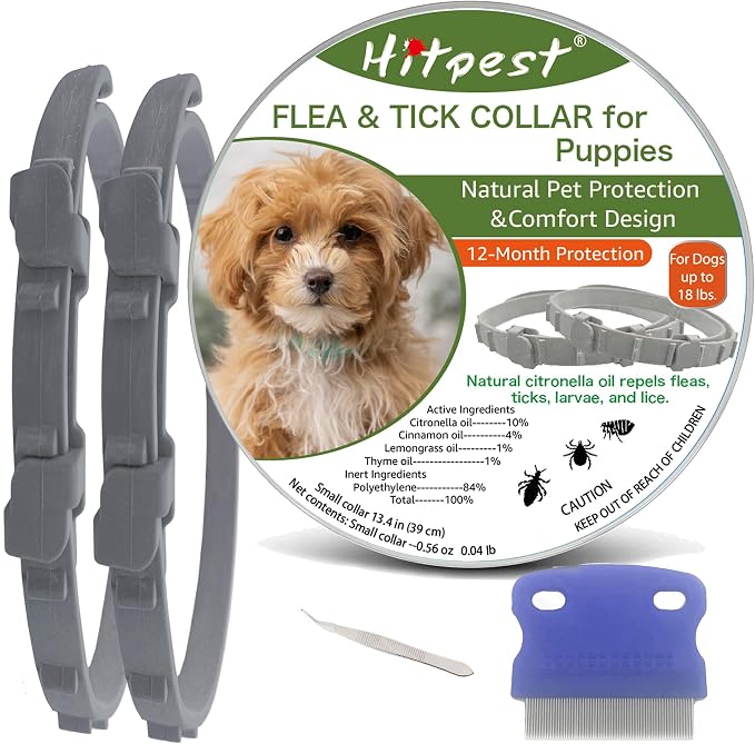 Flea and Tick Collar for Puppies - 12-Month Natural Protection - Safe & Effective Flea and Tick Prevention - Includes Flea Comb and Tweezers, 2-Pack
