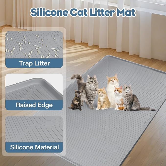 Lorvain Cat Litter Mats, 45" x 30" Extra Large Silicone Cat Mat for Litter Box, Easy to Clean Kitty Litter Trapping Mat, Soft on Kitty Paws, Waterproof, Urine-Proof Kitty Litter Mats for Floor, Grey