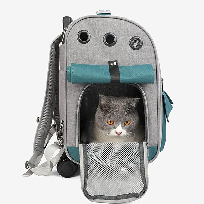 Cats Rolling Carrier with Wheels, Foldable Dog Travel Carrier Backpack Luggage Bag,Cats,Puppies Travel Bag Trolley with Mesh Ventilation Windows, Storage Pockets
