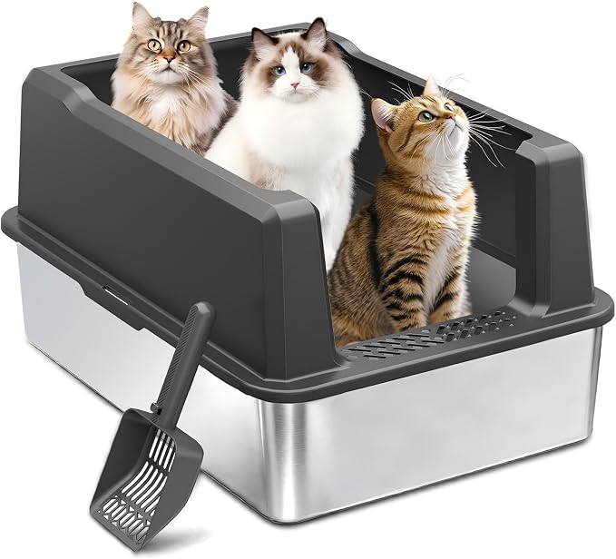 Extra Large Stainless Steel Cat Litter Box for Large Cats & Multiple Cats, 28" Lx 20" W High-Sided Design, Easy to Clean, Non-Stick, Anti-Leak, Includes Scoop