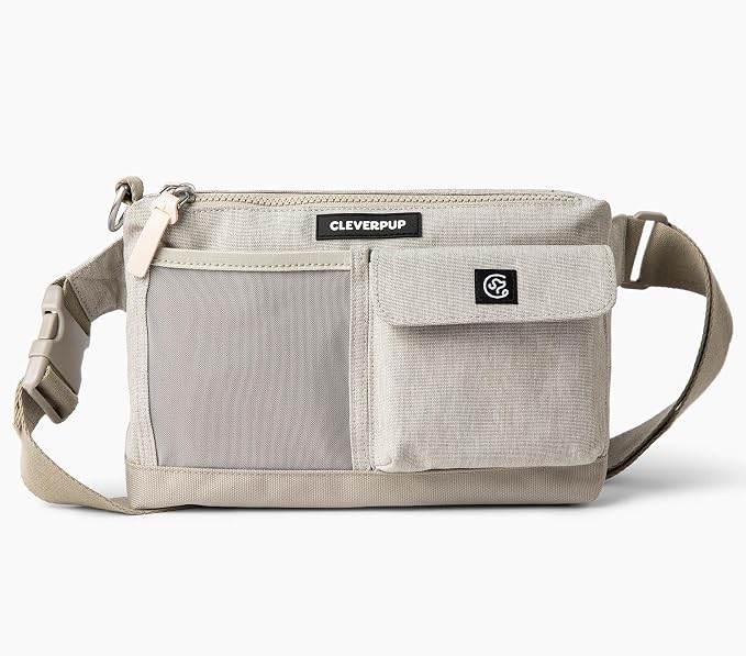 Cleverpup Dog Walk & Train Sling Bag - Hands-Free Dog Walking & Training Bag with Treat Pouch, Poop Bag Holder & Phone Pocket - Crossbody or Fanny Pack, Adjustable Strap - Sand