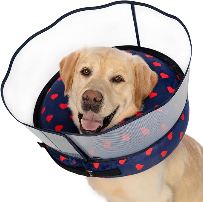 Inflatable Dog Cone Collar with Enhanced Anti-Licking Shield – Soft Adjustable Recovery Collar for Dogs & Cats After Surgery – Fits Large, Medium, Small Pets (Blue Love, X-Large)