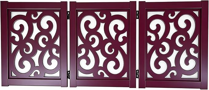 Ashfield & Harkness: 3-Panel Pet Gate - Scroll Mahogany - Wooden Foldable Freestanding Fence, Small Dogs & Puppy, 48 x 19.3, Doorway-Halls-Stairs