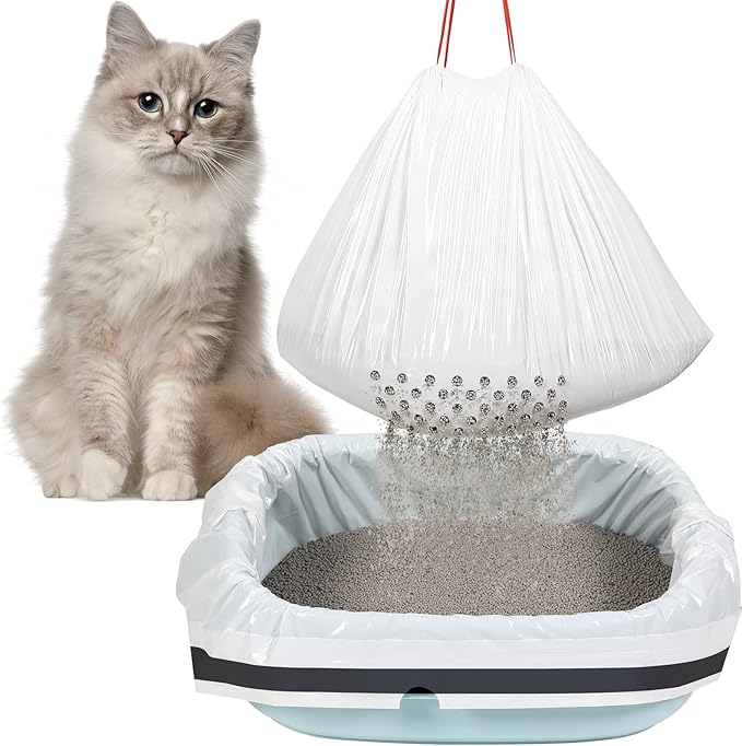 56 Count Sifting Cat Litter Bags Jumbo Thick Cat Litter Box Liners with Holes Disposable Extra Large Feline Pan Liners with Drawstring Scratch Resistant Quick Clean for Kitty Litter Box,36 x 18 Inch