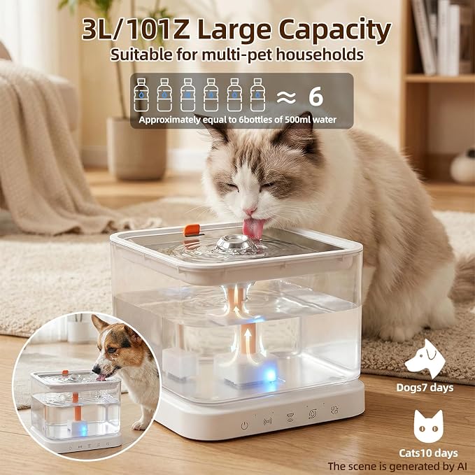Wireless Cat Water Fountain,3L/101oz Cat Water Fountain for Cats Indoor,4000mAh Battery Operated Pet Water Fountain,Cat Fountain with Stainless Steel Tray,BPA-Free(P08F)