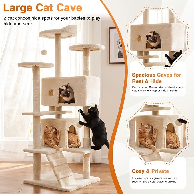FDW | 54" Cat Tree Tower | Beige | Multi-Level Indoor Activity Center with Sisal Scratching Posts, Condos, Plush Perches, Hanging Cat Toys | Sturdy, Easy to Assemble | for Kittens & Adult Cats