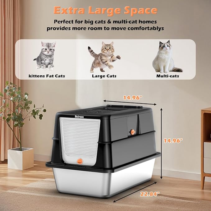 Stainless Steel Litter Box with Lid, Extra Large Litter Box Enclosed Top Entry Metal Litterbox for Big Cats Easy Cleaning Anti-Leakage & High Sided Black