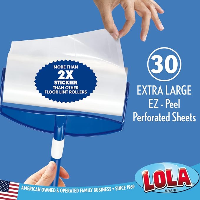 LOLA Rola PET Hair Remover Sticky Mop, Giant Floor Lint Roller, 9" x 3.5", Extender Handle, Largest Head, Traps Hair, Dust, Dirt, Extra Sticky Sheets