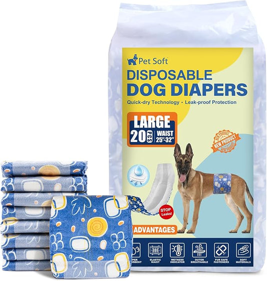 Pet Soft Male Dog Diapers - Disposable Male Dog Wraps with Wetness Indicator, Puppy Diapers for Pets Excitable Urination or Incontinence, 20pcs Large