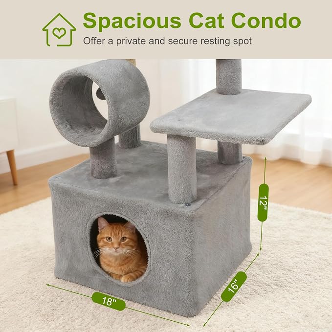 Tangkula Cat Tree Tower, 48 Inch Multi-Level Cat Tower with Large Condo, Sisal Scratching Post, Padded Top Perch, Tunnel, Hanging Ball, 3 Jumping Platforms for Indoor Cats (Light Gray)