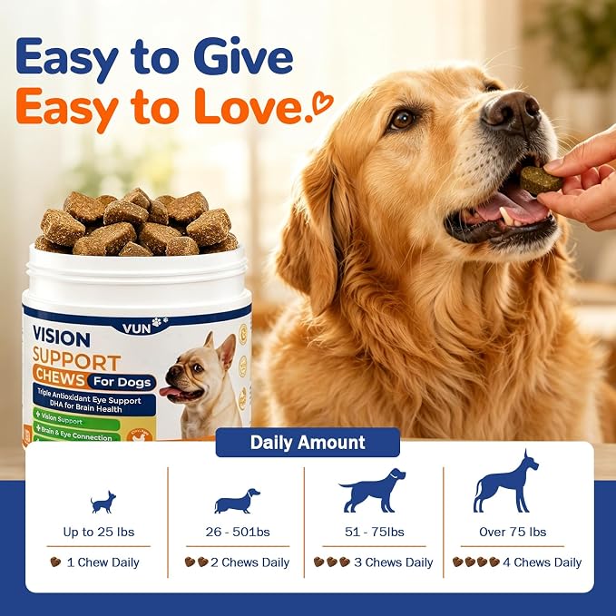 VUN Dog Eye Supplements-Dog Vision Supplement Soft Chew for Cloudy Eyes,Dry Eye and Night Vision of Senior Dogs,Antioxidant Eye Care,100 Counts (Chicken Flavor)