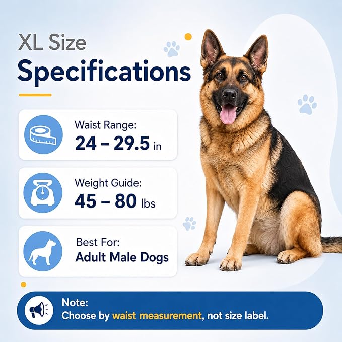 Male Dog Diaper Disposable Wraps for Waist 24–29.5 in,22 Count Leakproof, Super Absorbent, Adjustable Fit, Wetness Indicator, XL