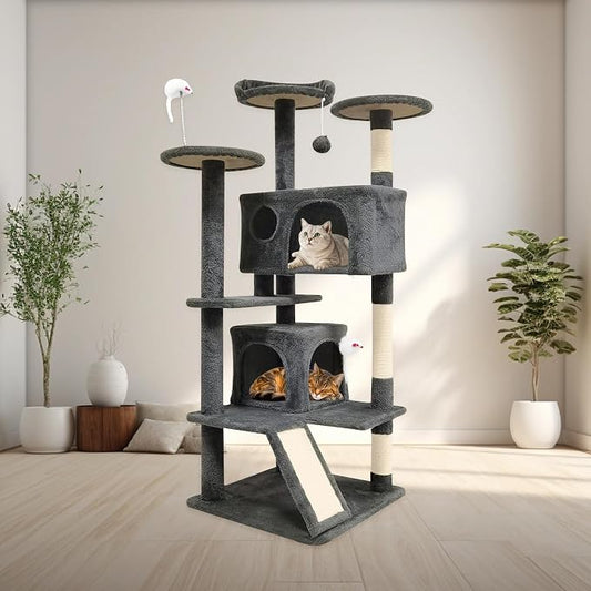 53-inch Cat Tree Tower for Indoor Cats,Cat Tree House Cat Furniture with Sisal Scratching Post,2 Cat Caves,Dangling Toys (Black)