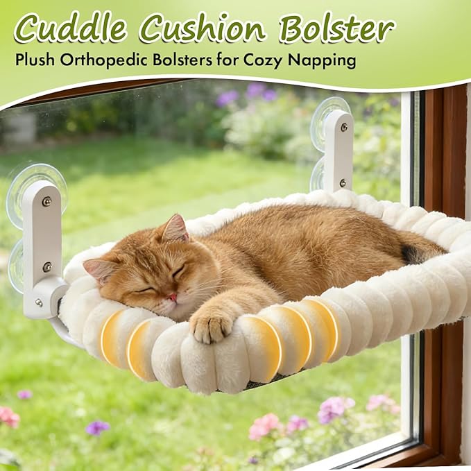 Zoratoo 2PC Cat Window Perch with Bolster Foldable Cat Hammock Cushion Bed for Window with Metal Frame, Cloud-Cuddle Cordless Window Resting Seat for Indoor Cats (Cushion Bed, White-M)