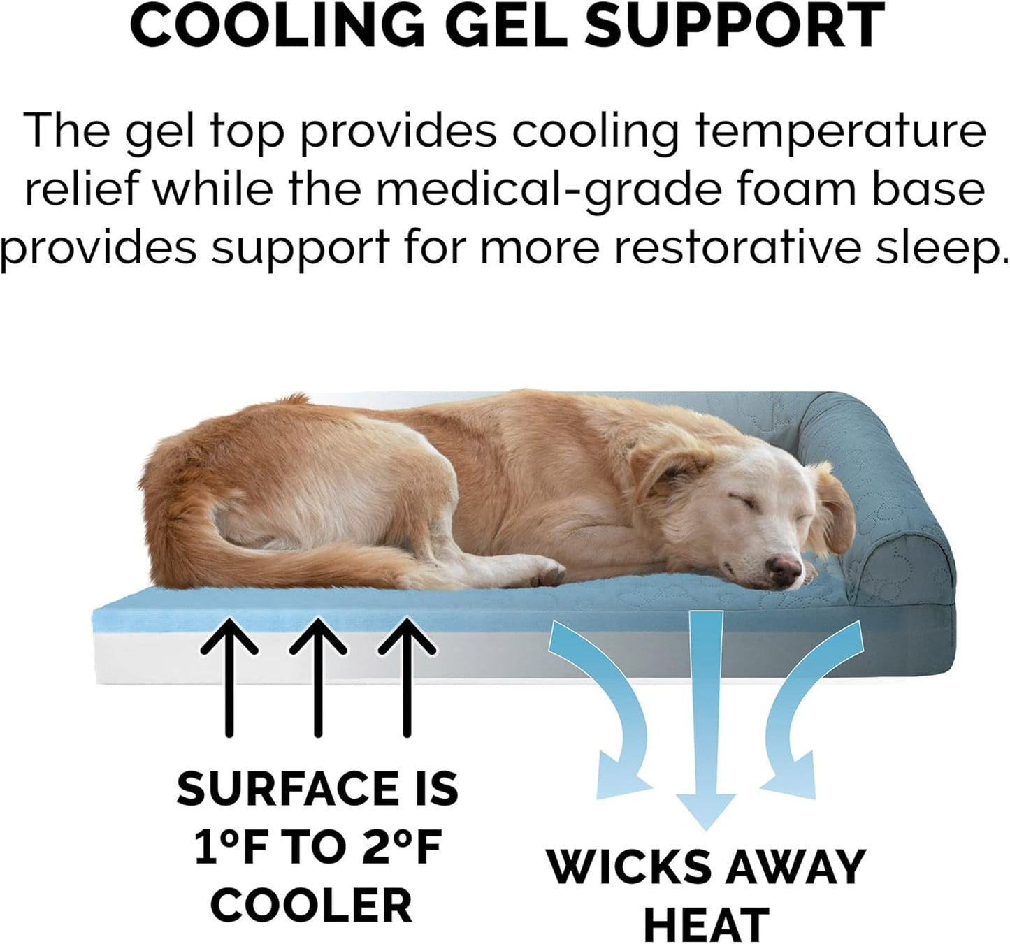 Furhaven Cooling Gel Dog Bed for Large/Medium Dogs w/ Removable Bolsters & Washable Cover, For Dogs Up to 55 lbs - Pinsonic Quilted Paw L Shaped Chaise - Bluestone, Large