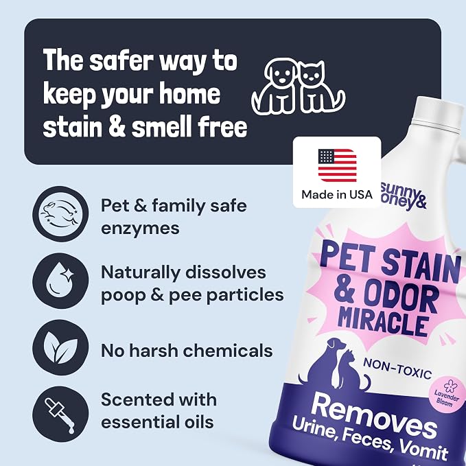 Sunny & Honey Pet Stain and Odor Remover - Enzyme Cleaner for Dog Urine and Poop on Carpets and Furniture - Strong Pet Carpet Cleaner Spray (1 Gallon Lavender)