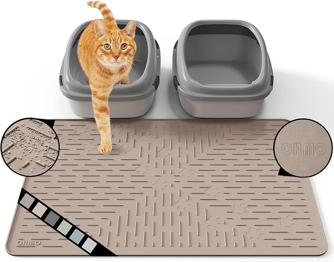 OHMO Cat Litter Mat Large Trapping Mat Premium Silicone Rubber 31.5x23.6 Beige，Waterproof and BPA Free Kitty Litter Box Mat, Easy to Clean and Keeps the Floor Tidy