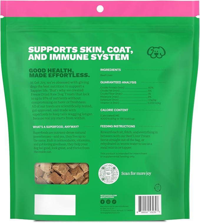 Get Joy Freeze Dried 100% Beef Liver Dog Treats, 16oz | Single Ingredient Organ Meat, High Protein Raw Dog Food Topper, Snack & Training Rewards | Grain Free, Gluten Free, Filler Free