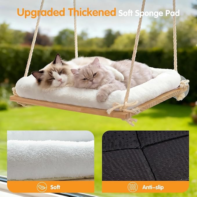 Large Cat Window Perch, Window Hammock Bed with Solid Wood Seat 4 Heavy Duty Suction Cups, Plush Cushion, Indoor Hammock Bed for Large Cats (XL)