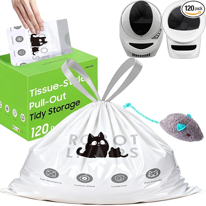 120 Tidy Draw-Pack Automatic Litter Box Bags Cat Litter Box Robot Model 4/3 Waste Bags, Tear-free, Sensor-compatible, Thick Heavy Duty Cat Litter Box Liner Bags 25.2 x 15.7 IN