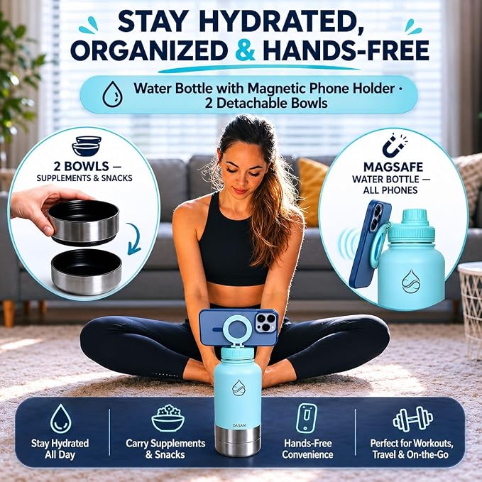 DASAN Portable Dog Water Bottle with Bowl - 32oz Insulated Stainless Steel, 3-in-1 Travel & Walking Pet Dispenser with 2 Food Containers for Hiking, Camping & Outdoor Adventures