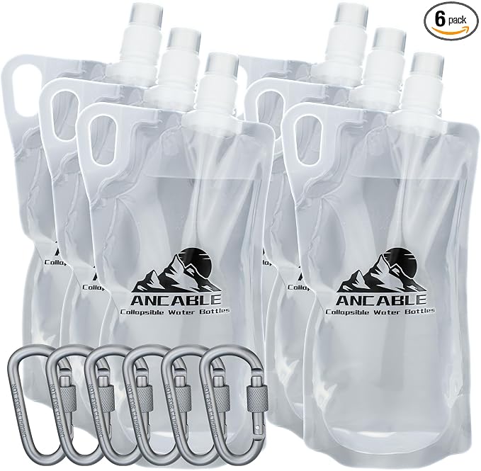 Ancable 1L Hiking Collapsible Water Bottles, 6-Pack 33OZ BPA-Free Foldable Backpacking Water Bottle for Travel Camping Hiking