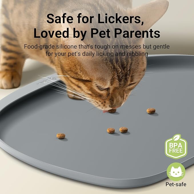 DownyPaws 2.5L Battery Operated Cat Water Fountain Stainless Steel White and Pet Feeding Mat with High Raised Edge, Cat Placemat for Messy Drinkers, 18"×12.5", Light Gray