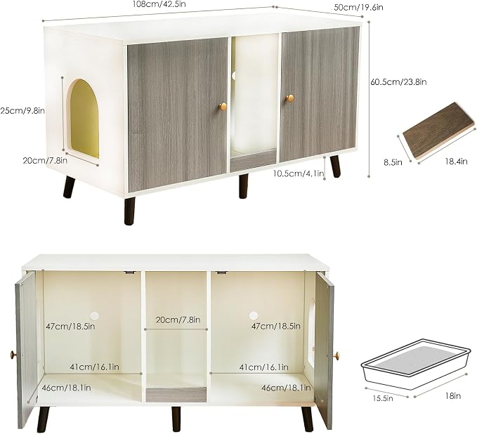 Cat Litter Box Enclosure for 2 Cats, Hideaway Litter Box Furniture with Scratching Pad, Enclosed Litter Box TV Stand Pet Washroom End Table Side Table, Grey