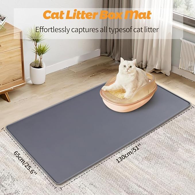 Kalolary Cat Litter Mats, 51" x 25.6" Extra Large Silicone Cat Mat for Litter Box, Easy to Clean Kitty Litter Trapping Mat, Soft on Kitty Paws, Waterproof, Urine-Proof Kitty Litter Mats for Floor,Grey