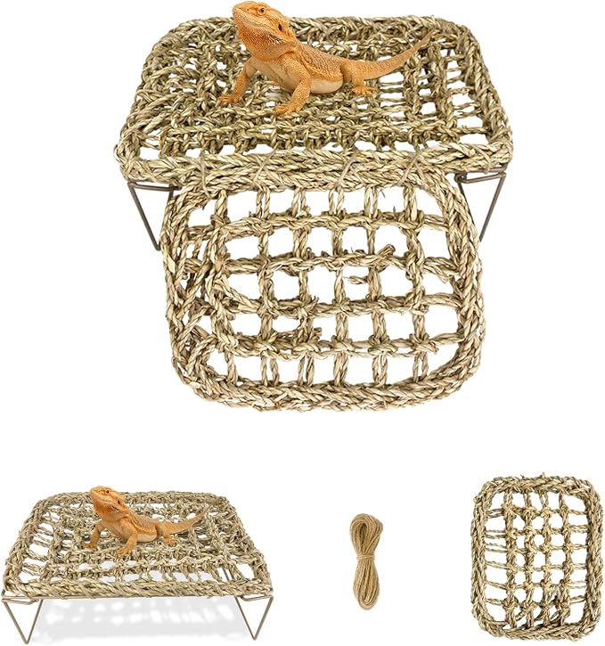 Bearded Dragon Hammock with Sturdy Metal Legs, Seagrass Reptile Basking Platform, Lizard Lounge Bed & Tank Decor for Geckos, Snakes, Hermit Crabs, Frogs