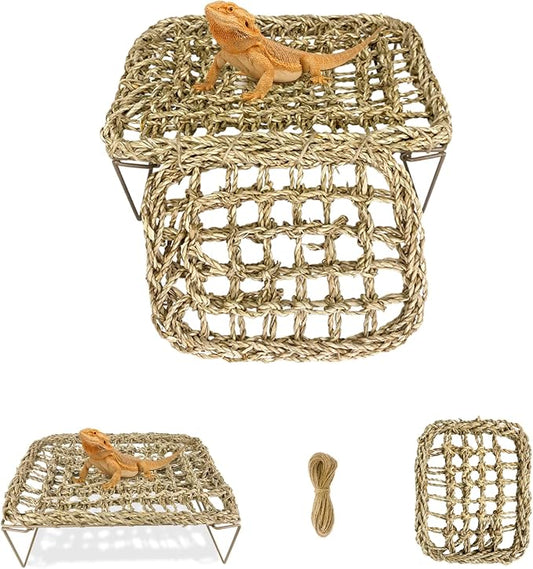 Bearded Dragon Hammock with Sturdy Metal Legs, Seagrass Reptile Basking Platform, Lizard Lounge Bed & Tank Decor for Geckos, Snakes, Hermit Crabs, Frogs
