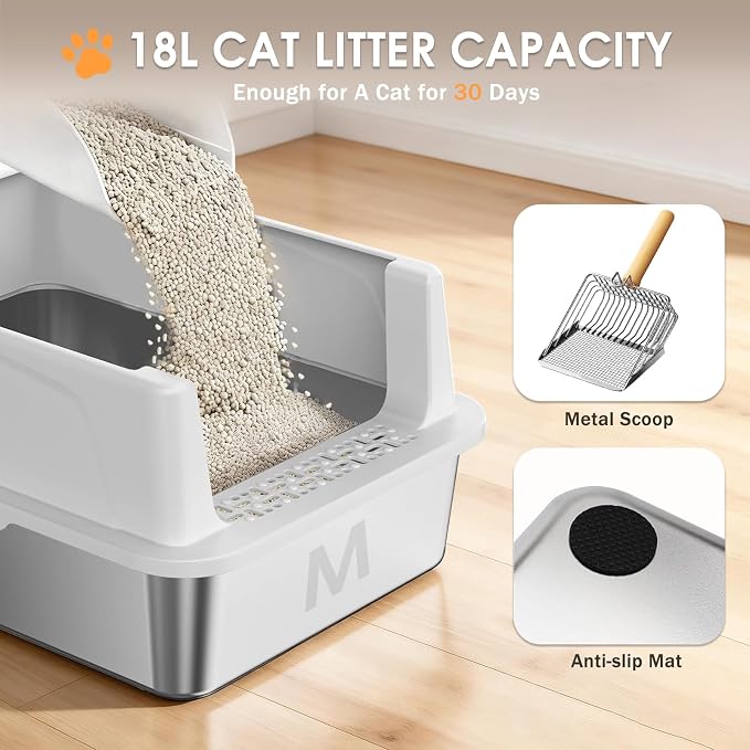 Stainless Steel Litter Box, 17.4'' x 13.5'' x 8.5'' Metal Kitty Litter Box for Small Cats Kitten High Sided Litter Boxs with Scoop Open Top Low Entry Easy to Clean Non-Sticky Anti-Leakage
