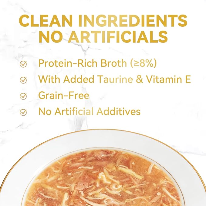 Shredded Chicken in Broth – High-Protein Grain-Free Lickable Cat Food Topper, Lickable Cat Treats Chicken & Seafood Variety Pack, 24 Pouches (1.41 oz Each) (24)