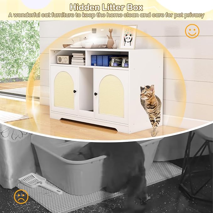 Tangkula Double Litter Box Enclosure, 43 Inch Hidden Litter Box Furniture with Shelves, Removable Scratching Board, 2 Sisal Mats, Large Enclosed Cat Box Enclosure for 2 Cats (White)