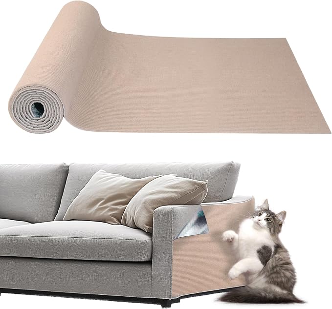 Cat Scratching Mat Self-Adhesive, 78.7'' x 15.8'', Trimmable Cat Scratch Pads Furniture Protector, DIY Climbing Cats Scratching Carpet for Couch, Door Frame or Wall Corner Protector (Khaki)