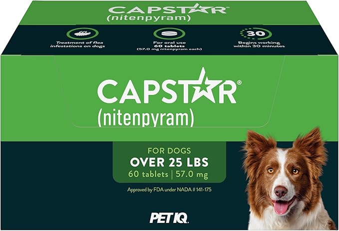 Capstar(nitenpyram) for Dogs Fast-Acting Oral Flea Treatment for Dogs Over 25 lbs, Vet-Recommended Medication Tablets Start Killing in 30 Minutes, 60 Doses