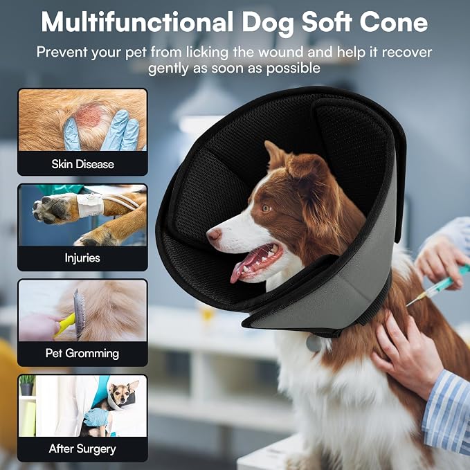 Queenmore Dog Cones for Large Dogs,Soft Dog Cone Stop Licking After Surgery, Adjustable Pet E-Collar Alternative for Wound Healing,BlackGrey,X-Large