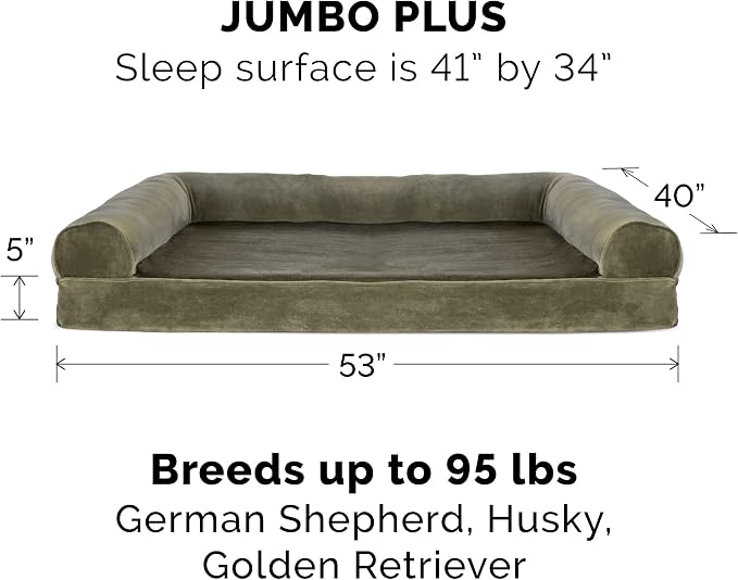 Furhaven Cooling Gel Dog Bed for Large Dogs w/ Removable Bolsters & Washable Cover, For Dogs Up to 125 lbs - Faux Fur & Velvet Sofa - Dark Sage, Jumbo Plus/XXL