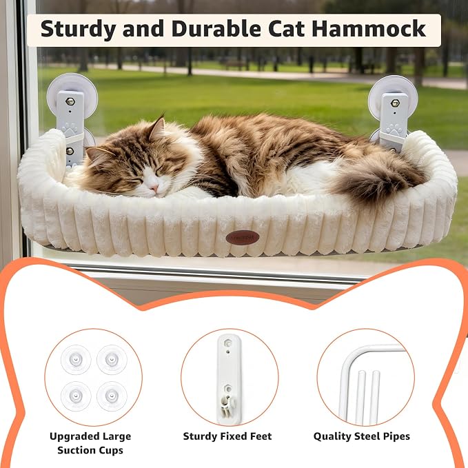 Woochpet Cordless Cat Window Perch, Large Size Hammock with 4 Strong Suction Cups, Cat Hammock for Window with Two Fabrics Cover, Foldable Bed for Cats, White