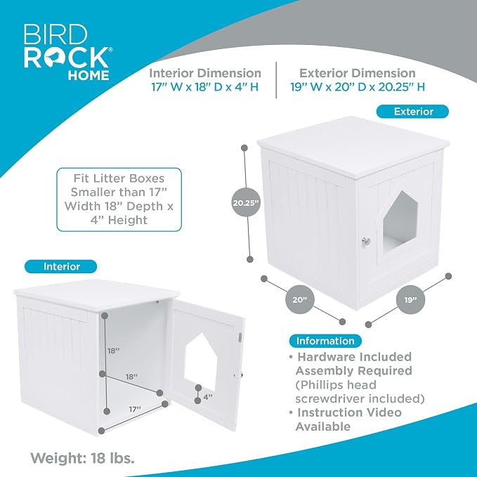 BIRDROCK HOME Cat Litter Box Furniture Enclosure - Hidden Kitty Litter Cat House with Hinged Door, Nightstand, Side Table & Pet Crate, Indoor & Outdoor Wood Cabinet for Small Cats and Dogs - White