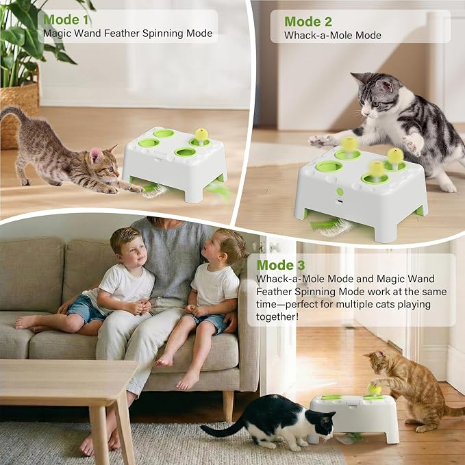 Magic House Interactive Cat Toy with 3 Modes, Rechargeable Whack-a-Mole Feather Toy for Indoor Cats, 4 Holes & 4 Accessories